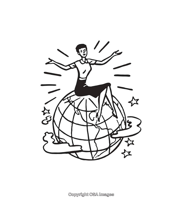 Black and White Line Art of a Woman Sitting on the Earth