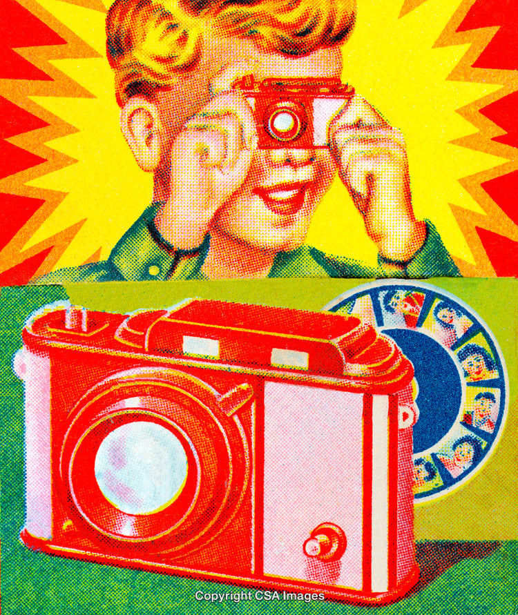 Vintage Illustration of Boy Playing With Camera and Viewfinder Toy