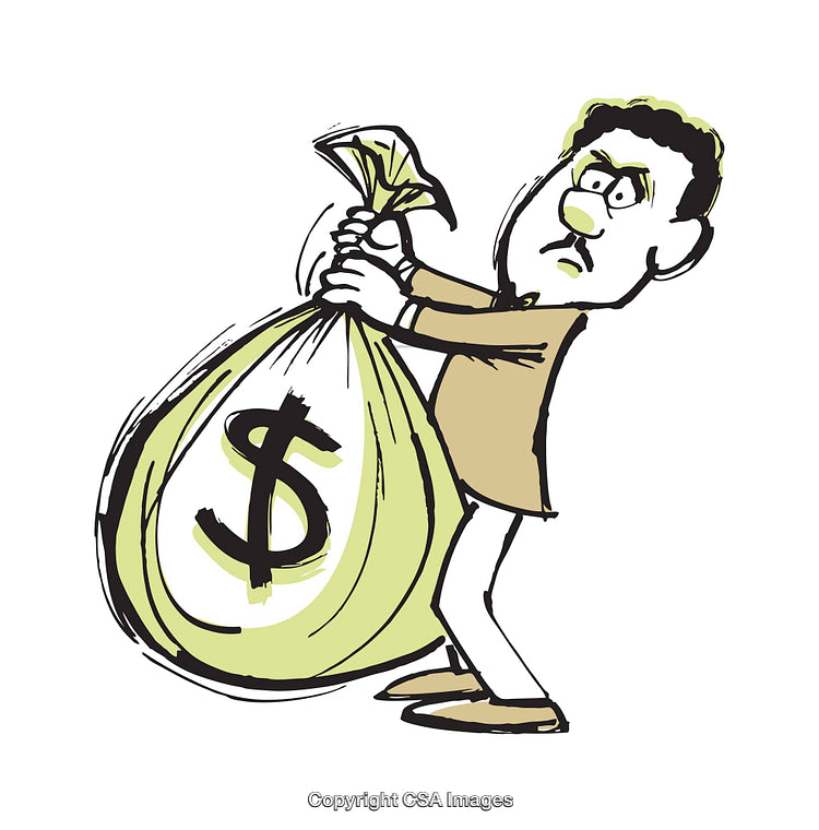 Cartoon Illustration Depicting Man Struggling to Hold Large Money Bag