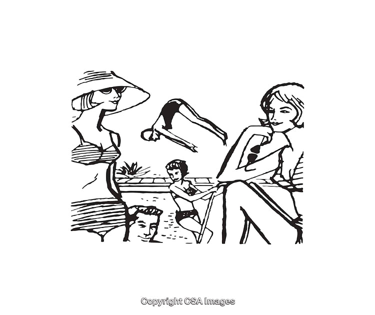 Retro Black and White Illustration of Poolside Relaxation
