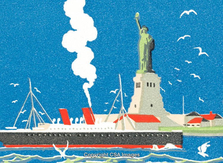 Vintage Illustration of Statue of Liberty and Ocean Liner at New York Harbor