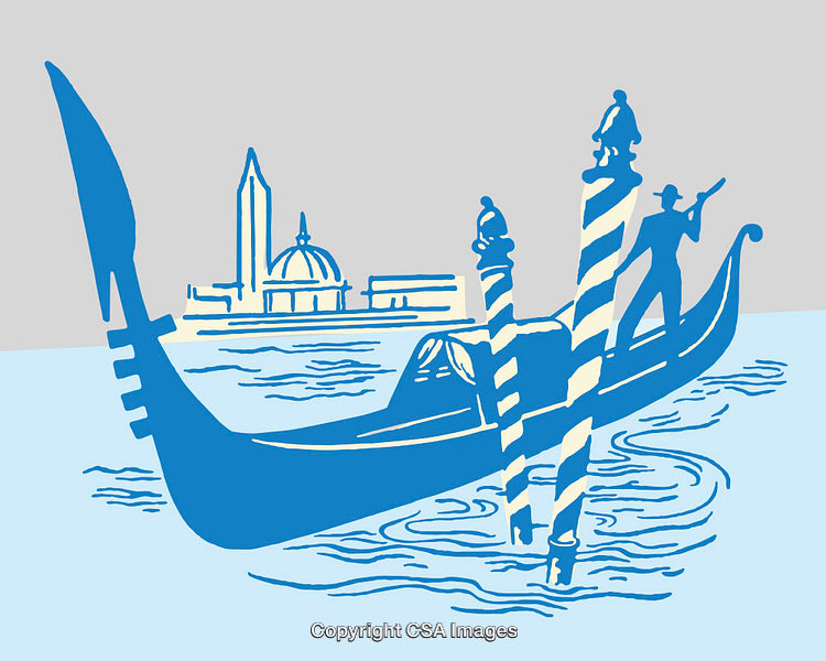Venetian Gondola With City Skyline View in Colorful Line Art Illustration