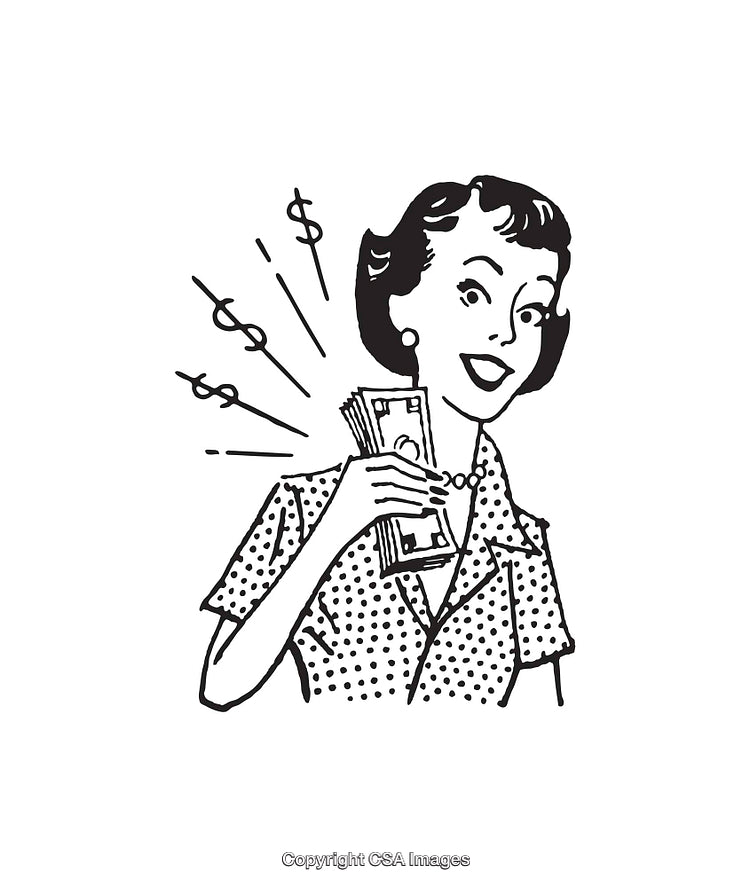 Retro Style Illustration of a Woman Holding Money with Excitement