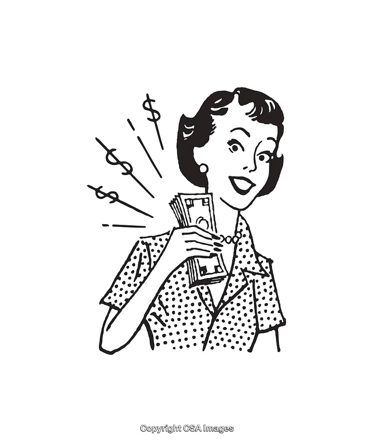 Retro Style Illustration of a Woman Holding Money with Excitement