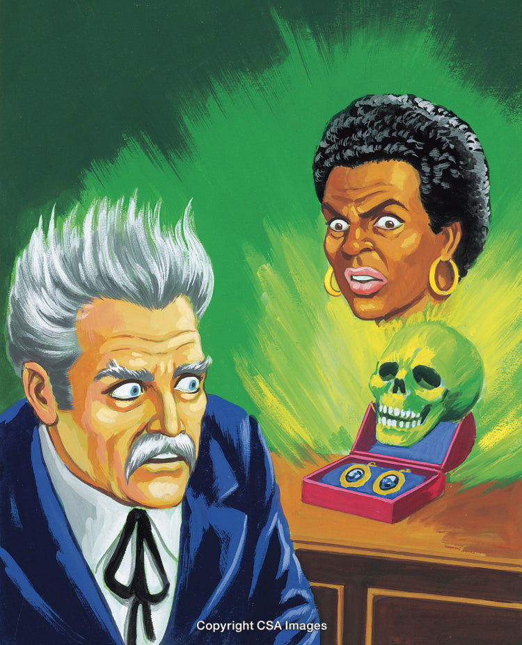 Illustration of Surprised Individuals with Glowing Skull and Jewelry Box