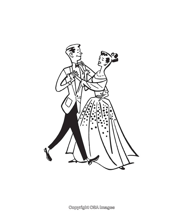 Elegant Couple Dancing in Formal Attire in Vintage Line Art Style