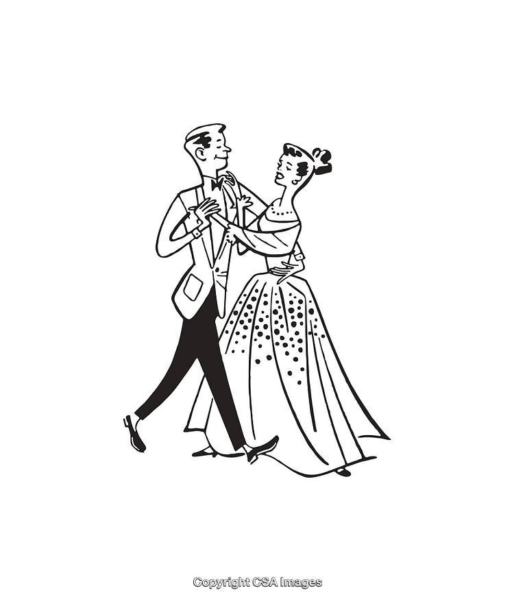 Elegant Couple Dancing in Formal Attire in Vintage Line Art Style