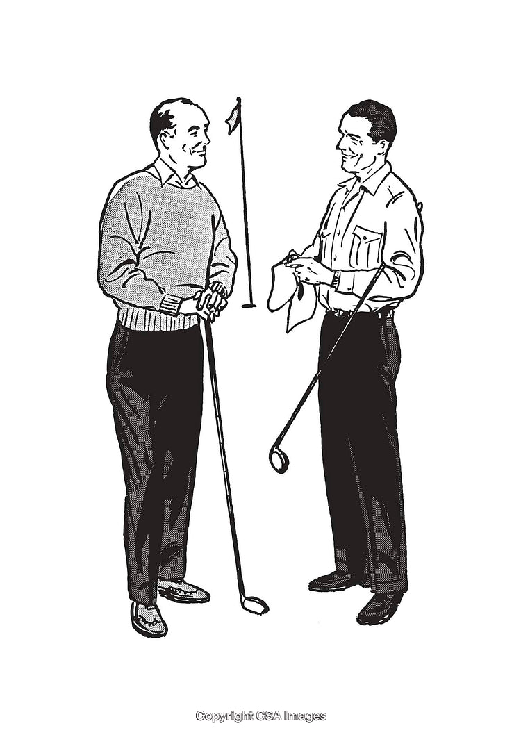 Two Men Conversing with Golf Clubs in a Black and White Illustration