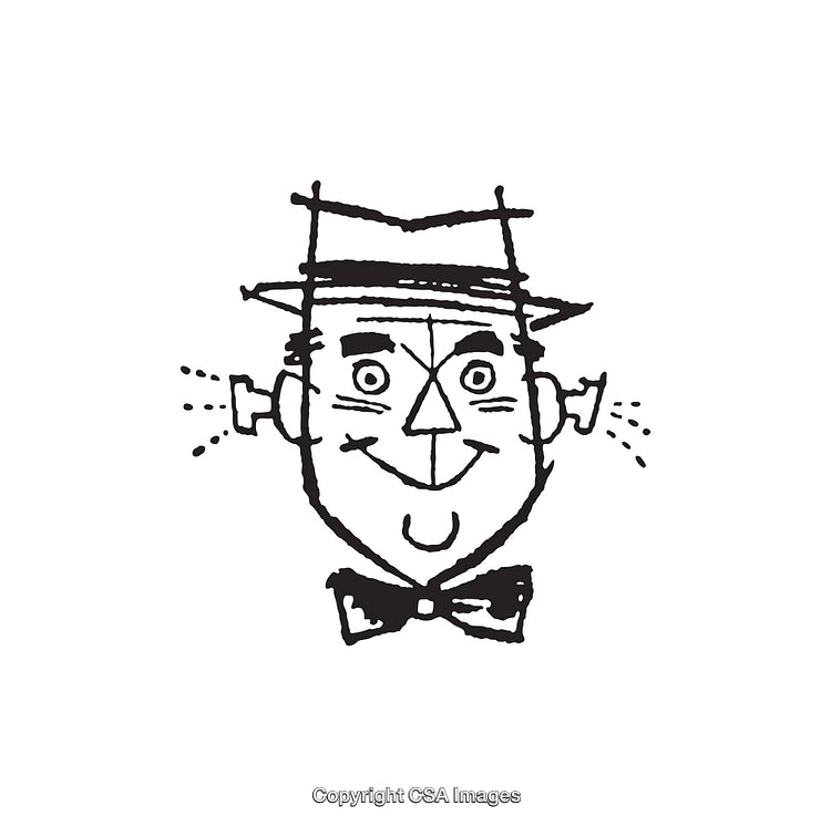 Black and White Cartoon of Smiling Man in Hat and Bow Tie
