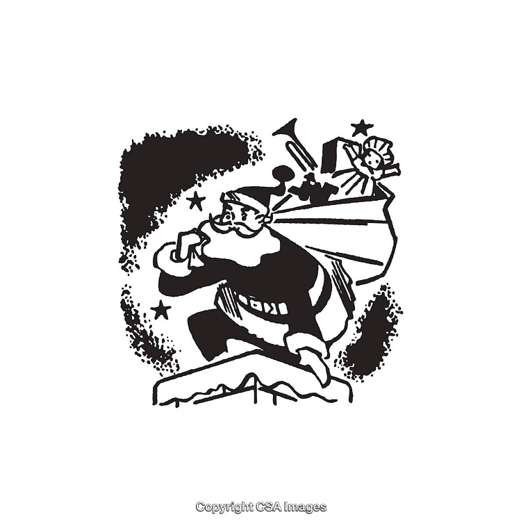 Black And White Line Art Of Santa Claus Carrying A Sack Of Toys