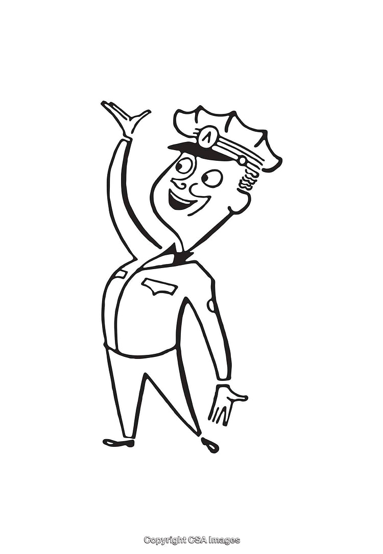 Cheerful Cartoon Policeman Character in Line Art Black And White Style