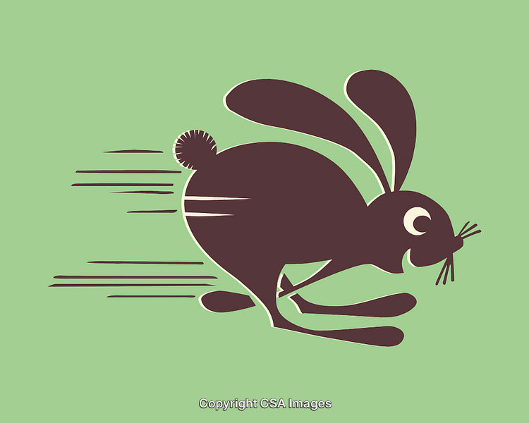 Fast Running Rabbit Illustration on Green Background with Motion Lines Speed Effect