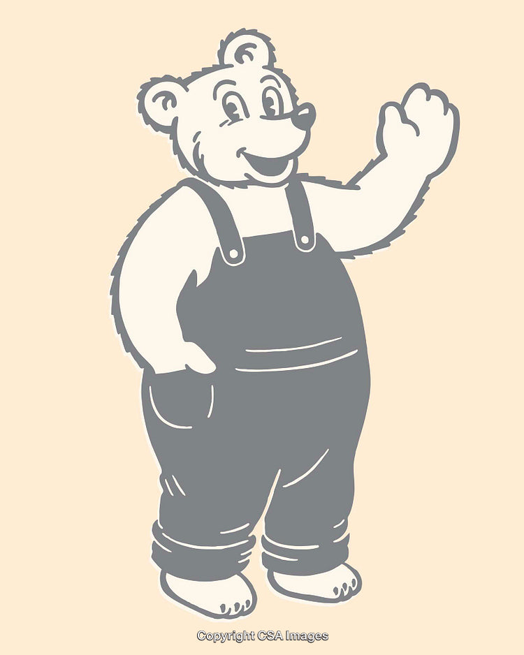 Cute Cartoon Bear in Overalls Waving and Smiling Illustration