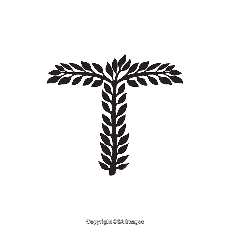Stylized Black Letter T with Leaf Pattern on White Background