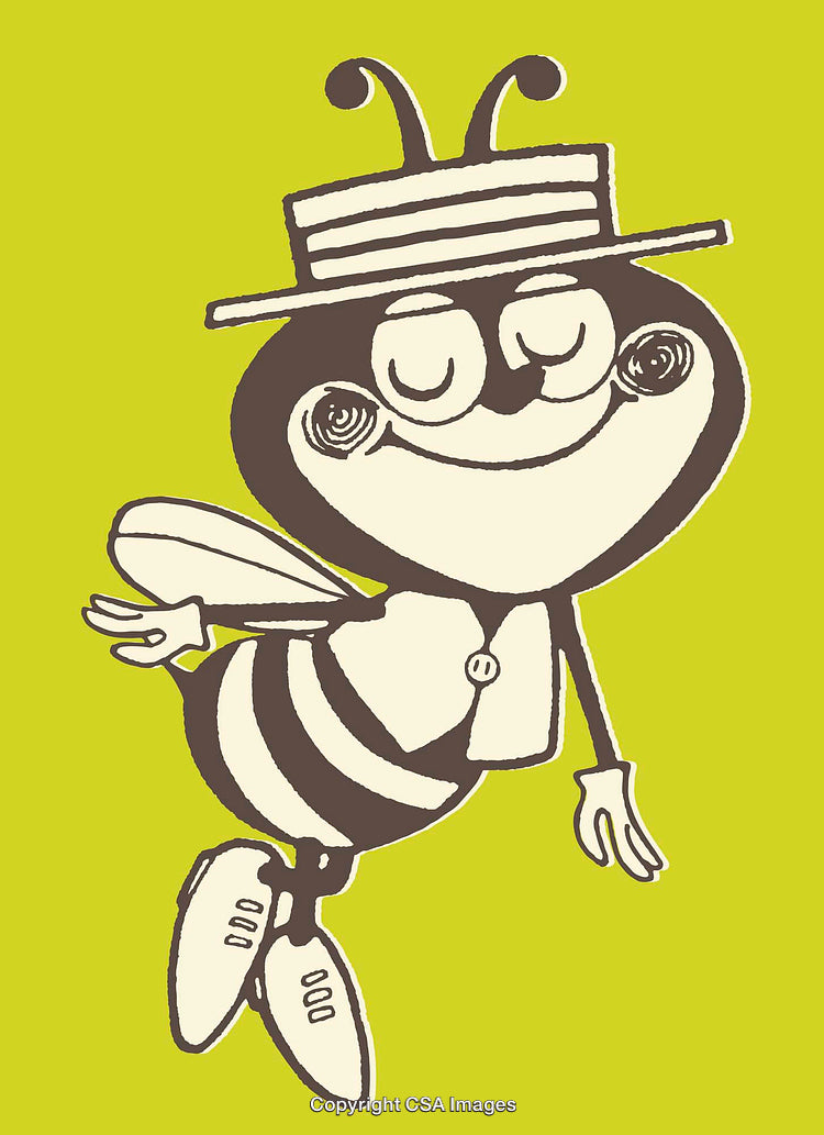Retro Cartoon Bee Illustration with Stylish Hat on Green Background