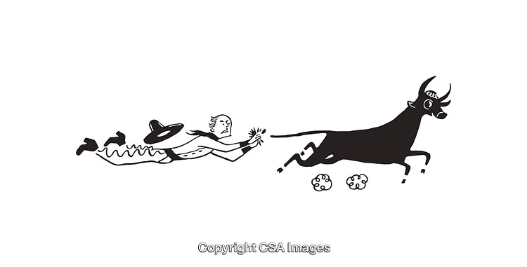 Man Holding a Charging Bull in Minimalist Black and White Line Art