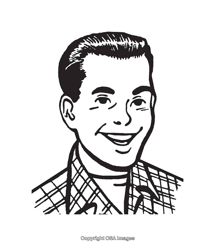 Retro Style Black and White Line Art of a Smiling Man
