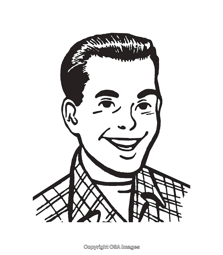 Retro Style Black and White Line Art of a Smiling Man
