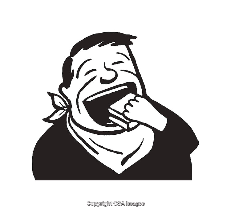 Black and White Line Art of Man Eating with a Happy Expression
