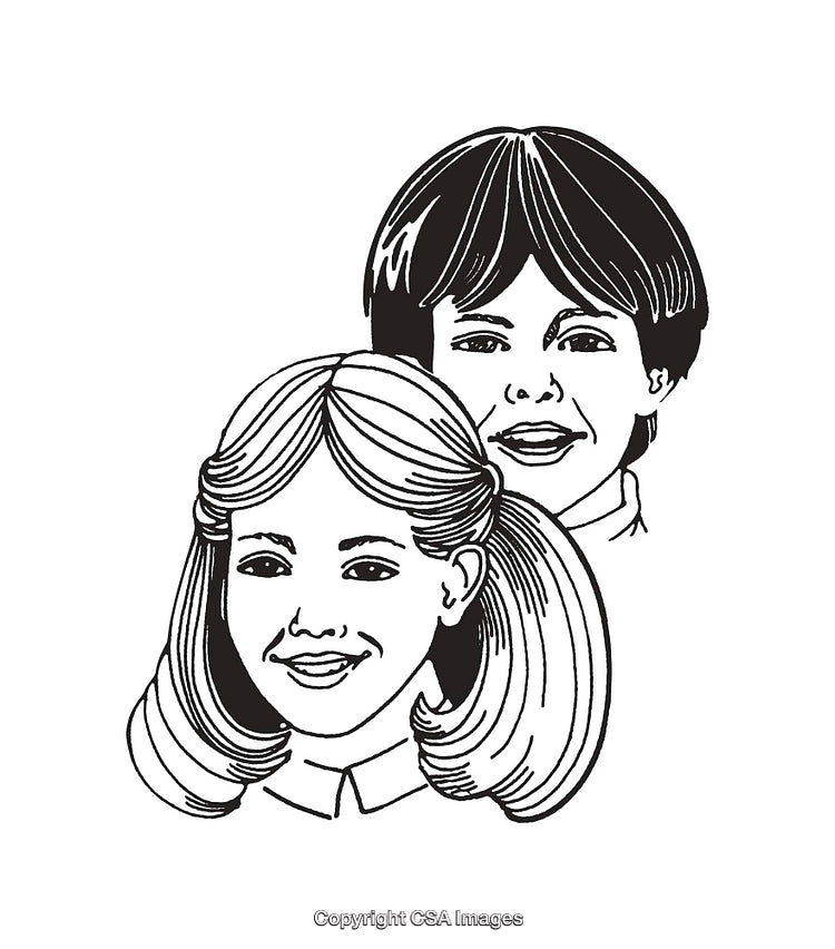 Black and White Line Art Illustration of Two Smiling Children