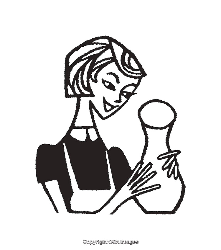Black and White Line Art of Stylish Woman Holding a Vase