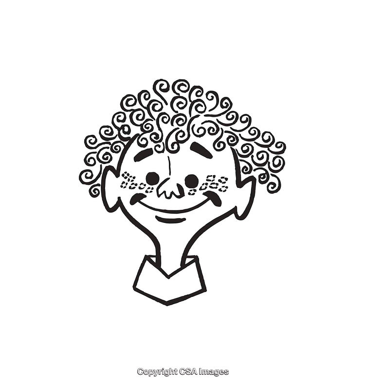 Black And White Drawing of Smiling Cartoon With Curly Hair and Freckles