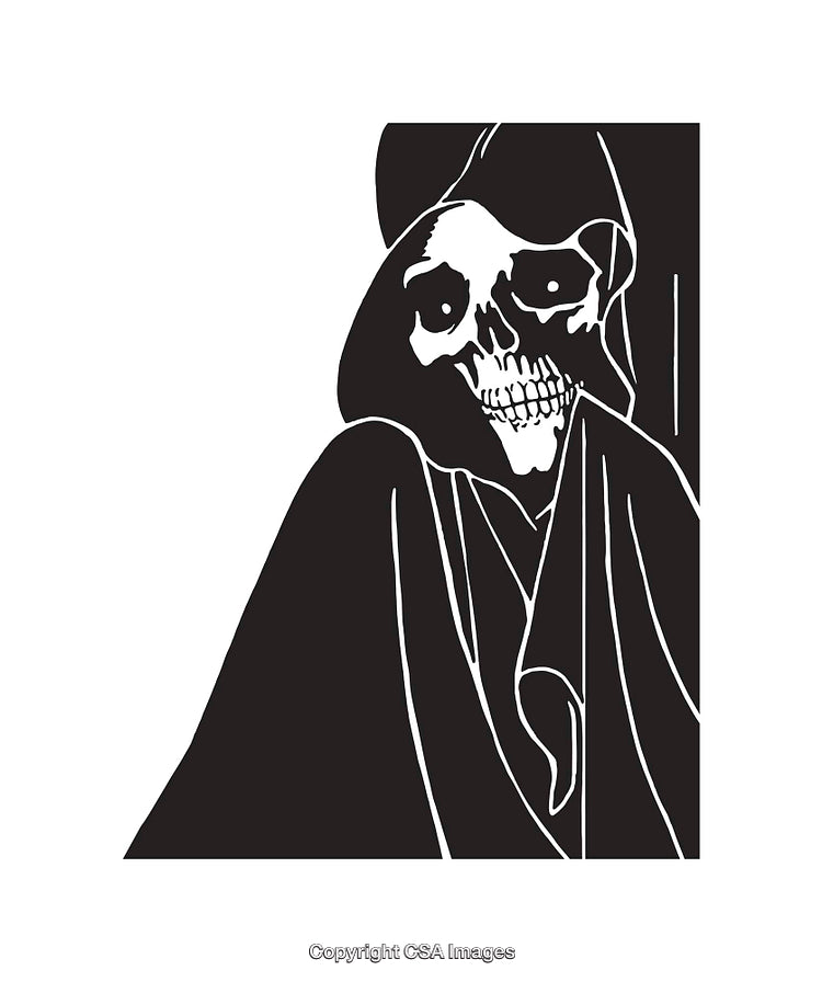 Black And White Illustration of a Hooded Skeleton with Grim Expression