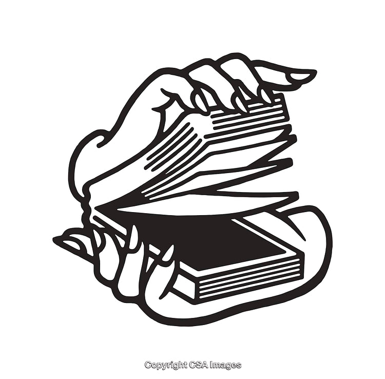 Black and White Line Art Drawing of Hands Holding an Open Book