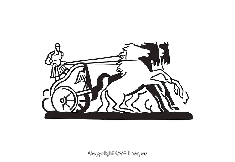 Black and White Line Art of a Chariot and Horses in Motion