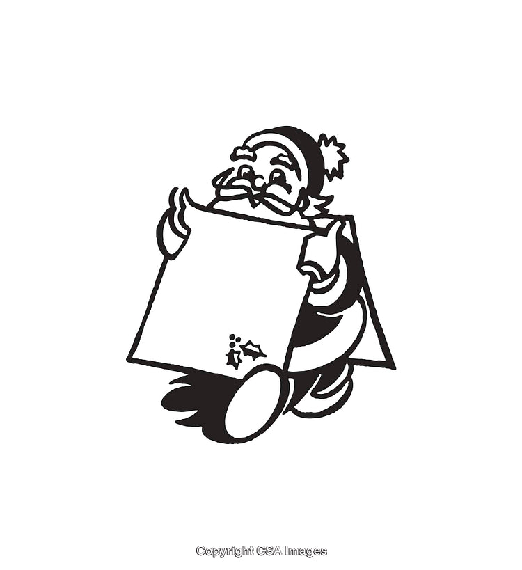 Santa Claus Reading a Letter in Black and White Line Art