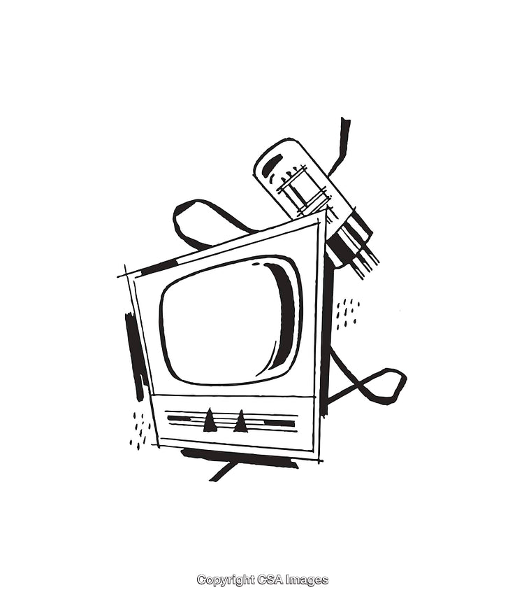 Retro Television With Electronic Components Black and White Illustration