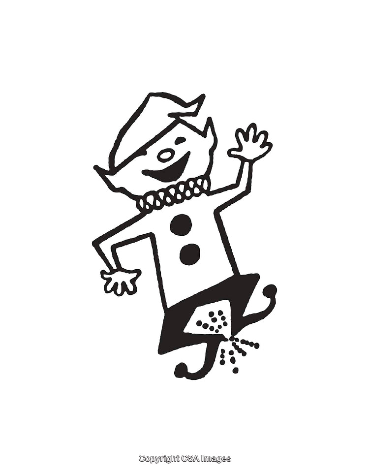 Cheerful Dancing Elf in Festive Line Art Illustration on White Background