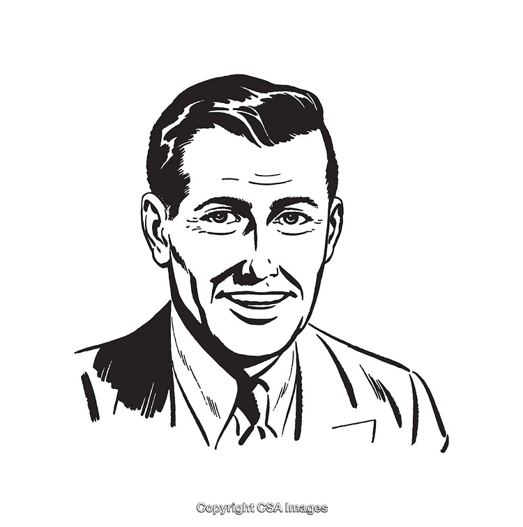 Retro Black and White Line Art Illustration of Smiling Businessman