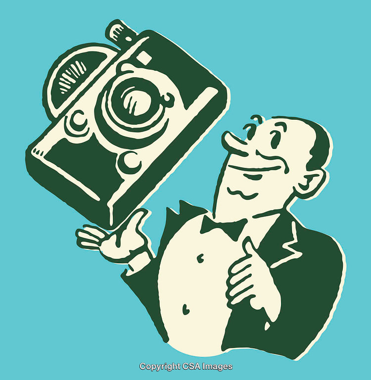 Vintage Line Art of a Smiling Man Holding a Camera