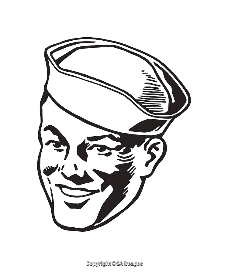 Black and White Line Art Illustration of a Smiling Sailor with Hat