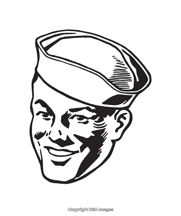 Black and White Line Art Illustration of a Smiling Sailor with Hat