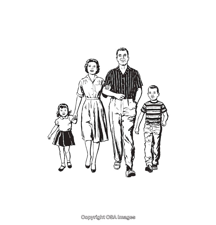 Vintage Line Art Depicting Family Life with Parents and Children