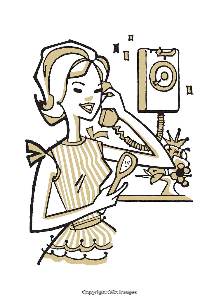 Retro Illustration of a Housewife on the Telephone in a Kitchen Setting