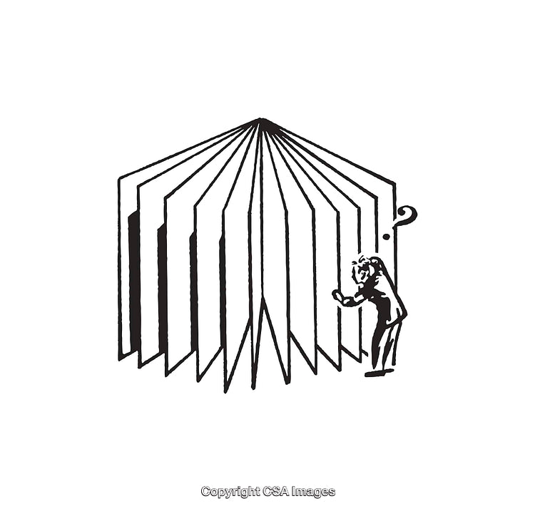 Black And White Line Art of Person Exploring Pages and Question Mark