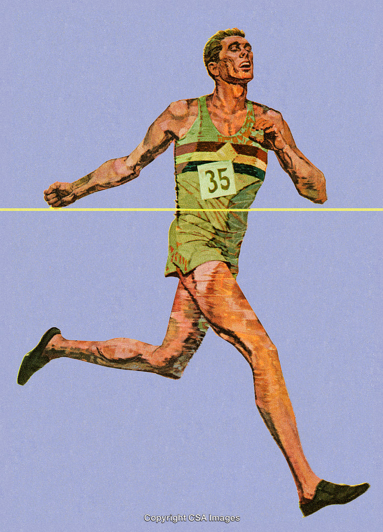 Vintage Illustration of Athlete Crossing Finish Line in Dynamic Sprinting Motion