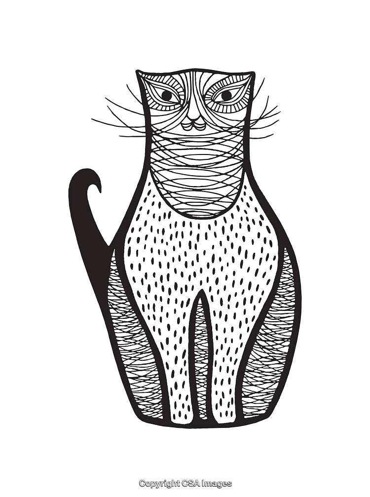 Black and White Line Art Illustration of a Stylized Cat