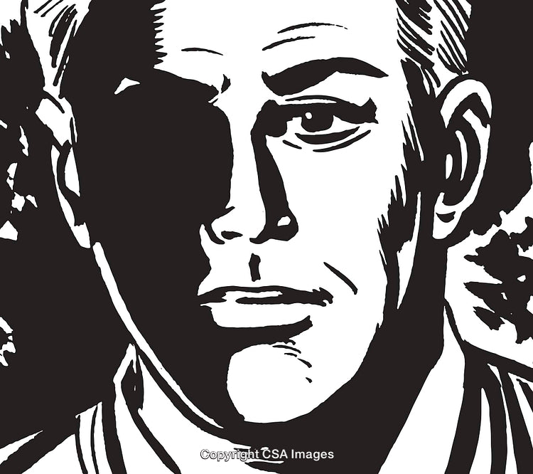 Monochrome Illustration of a Pensive Male Face in High Contrast Style
