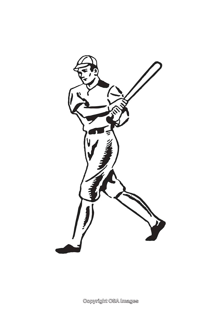 Black and White Line Art of a Baseball Player Swinging a Bat