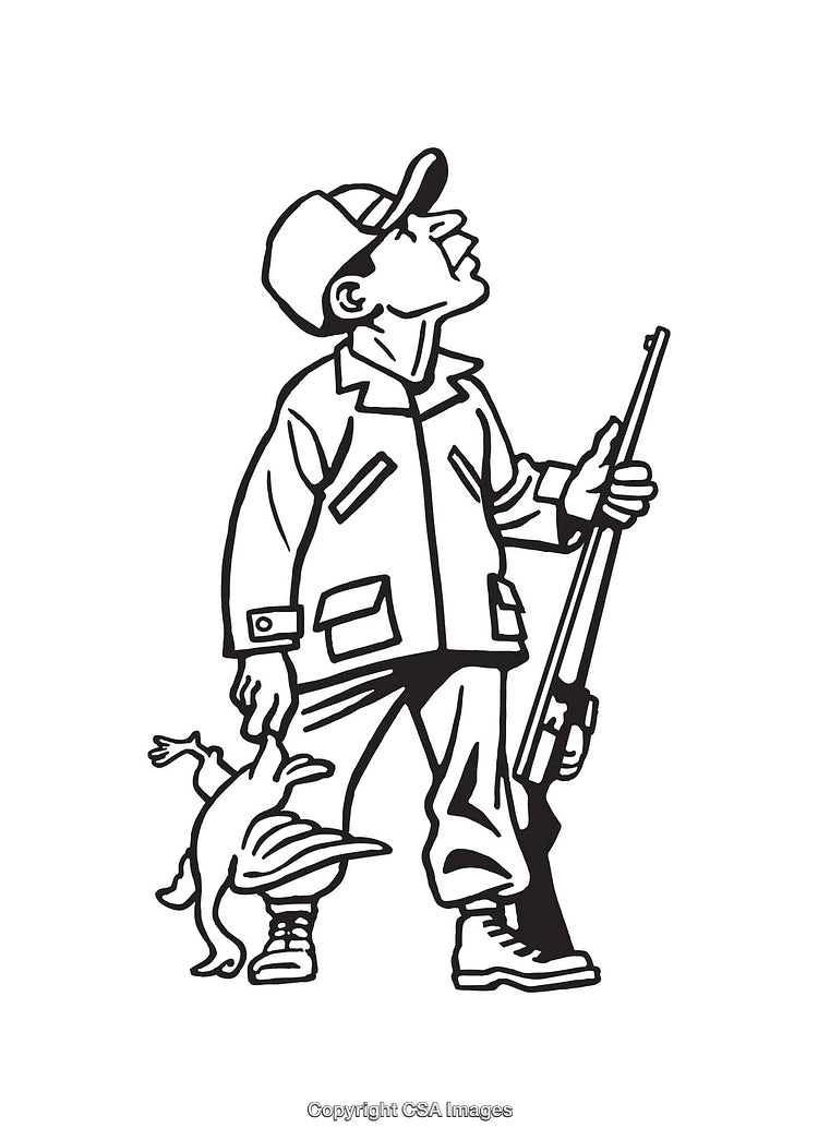 Black and White Line Art of a Hunter With Rifle and Game