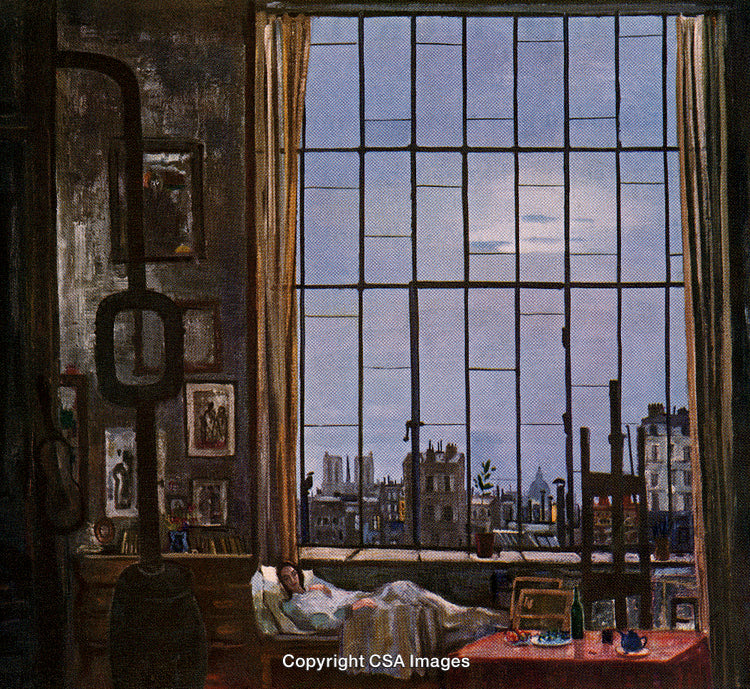Cozy Room Interior with Large Window Overlooking Cityscape and Sleeping Person