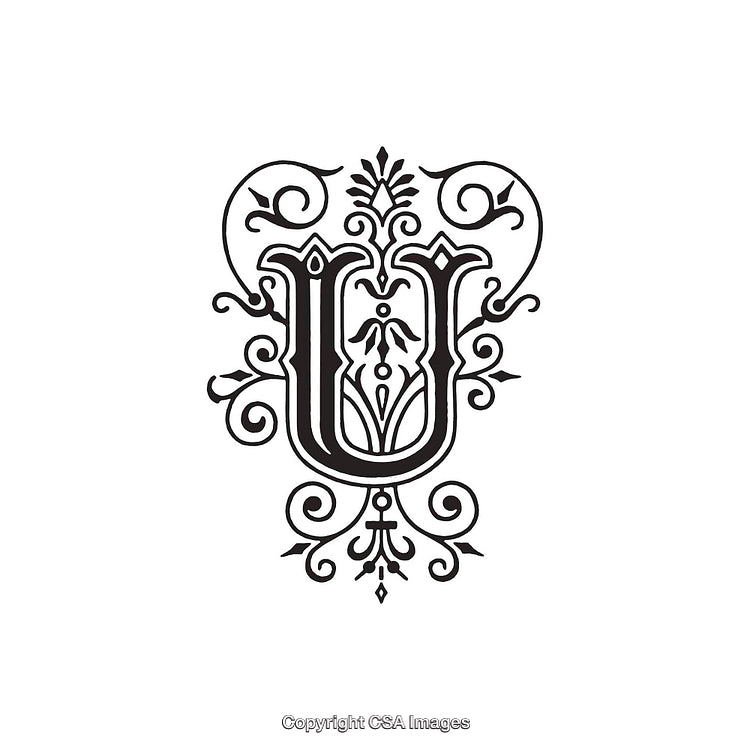 Ornate Decorative Gothic Letter U with Elegant Swirls and Patterned Details