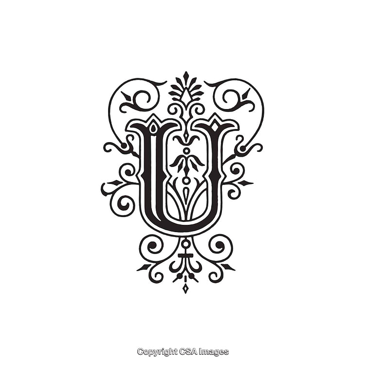 Ornate Decorative Gothic Letter U with Elegant Swirls and Patterned Details