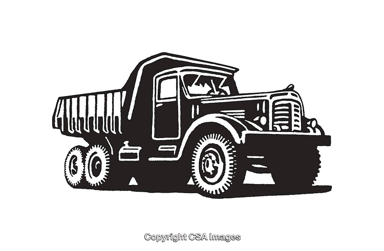 Black and White Line Art Illustration of a Dump Truck
