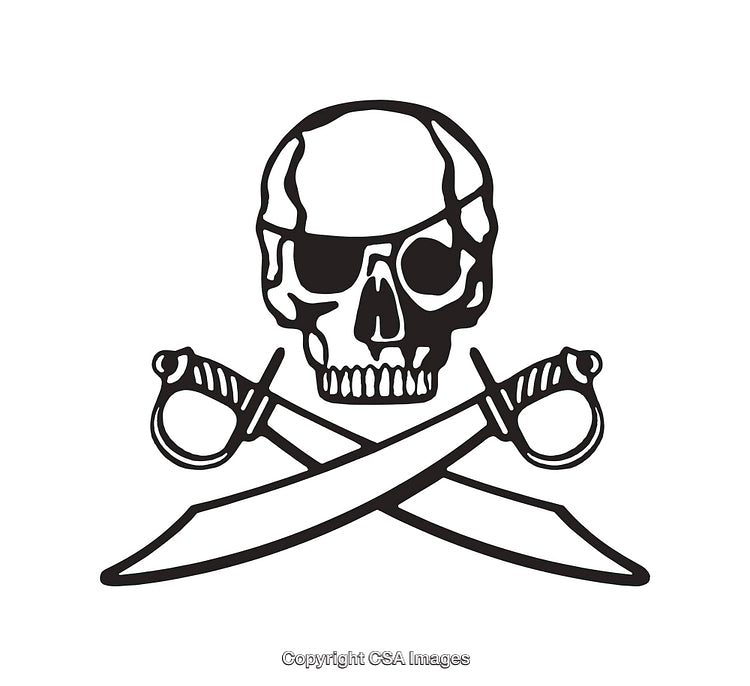 Pirate Skull and Crossed Swords in Black and White Line Art