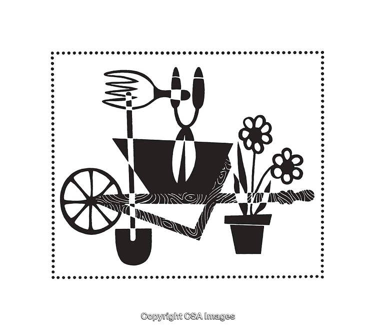 Black And White Artistic Illustration of Gardening Tools and Potted Flowers